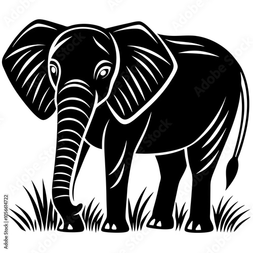 Elephant standing in a grassy field uses a thick silhouette on a white background