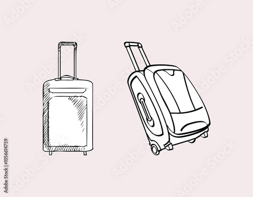 Travel bag icon set, black and white sketch collection for easy travel illustrations
