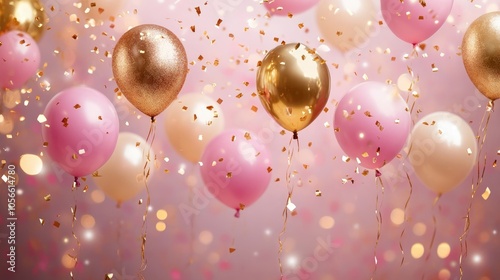 Festive backdrop featuring pink confetti and golden balloons perfect for celebrations photo