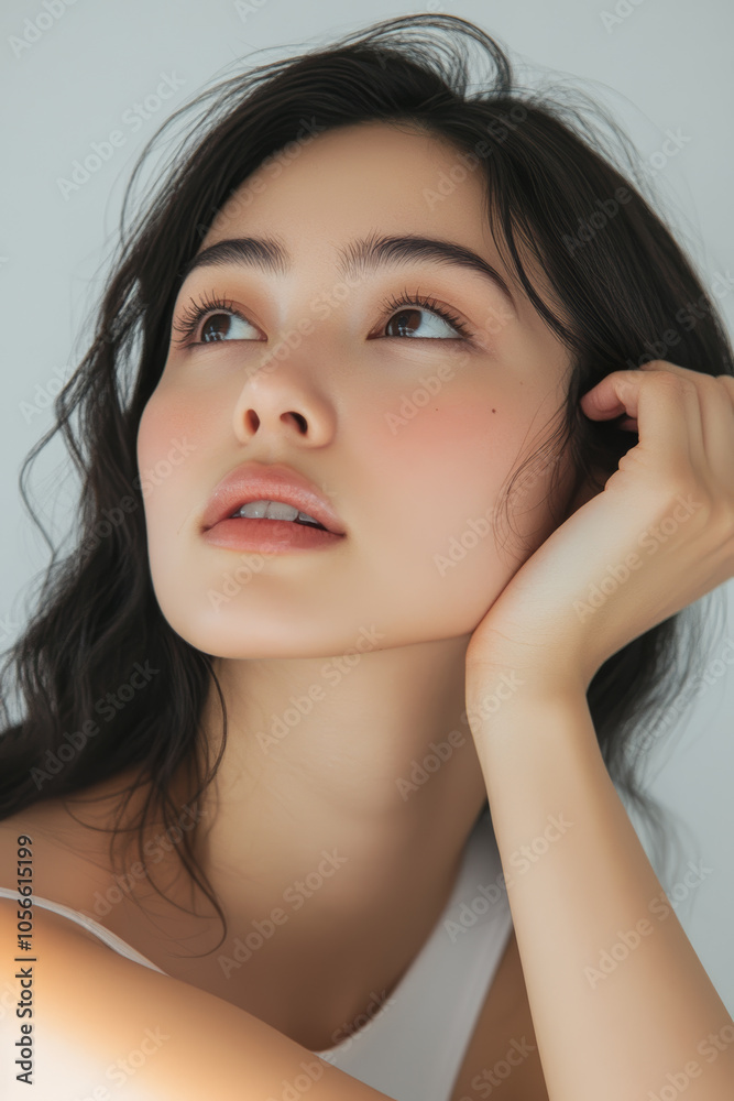 beauty portrait of Asian woman model, showcasing her flawless skin and natural makeup. This captures essence of elegance and grace, perfect for cosmetics and skincare advertisements