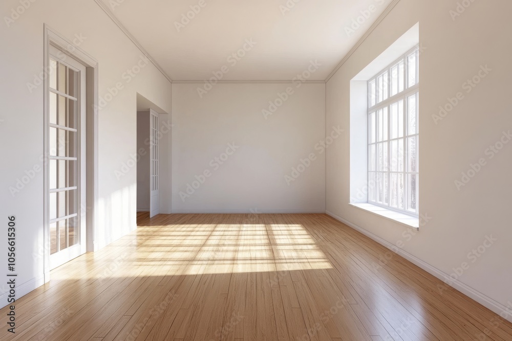 Sunlit empty room with large windows, white walls, and hardwood floors, perfect for interior design projects or real estate listings. Sunlit empty room with large windows, white walls, and hardwood floors, perfect for interior design projects or real estate listings.