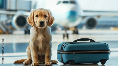 Golden retriever puppy beside a suitcase at an airport with a plane in the background patiently awaiting boarding Concept of traveling with pets on vacation photo