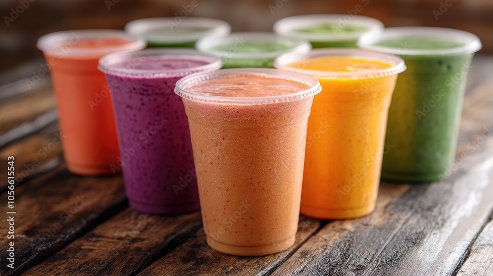 Delicious smoothies served in plastic cups on a rustic wooden table Delicious smoothies served in plastic cups on a rustic wooden table