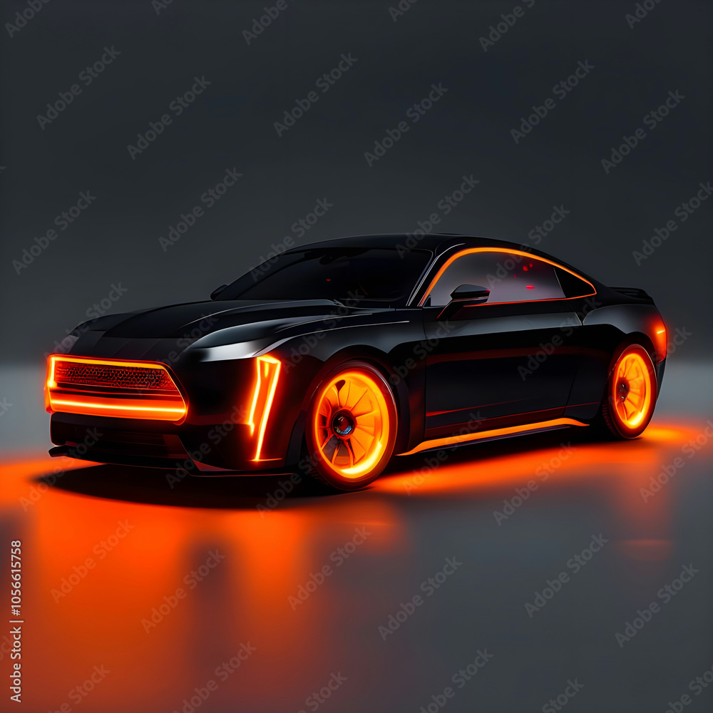 Naklejka premium modern black car with striking orange glowing lights ideal for eye catching social media advertising