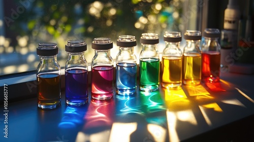 Colorful bioink vials arranged on a lab bench with each hue symbolizing a distinct cell type or material for 3D printing illuminated by sunlight filtering through a nearby window