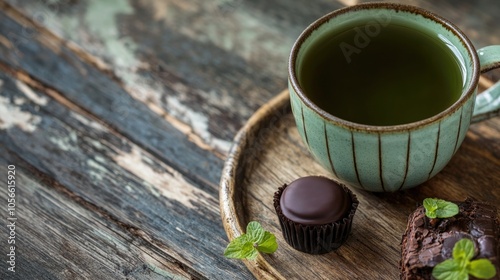 Green tea served in a cup alongside a small chocolate pastry on a rustic wooden table Inviting concept for a delightful tea break