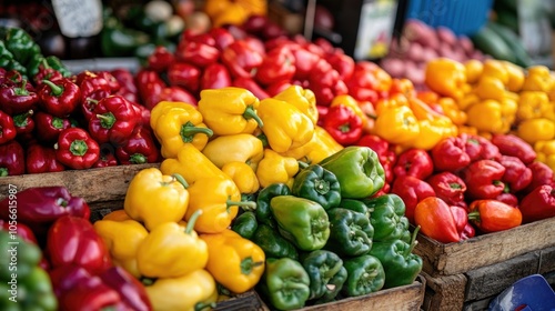 Vibrant assortment of bell peppers displayed at a market stall