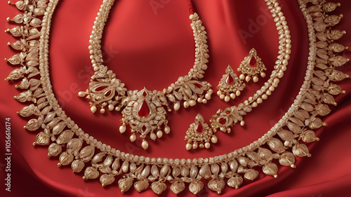 Close-up of traditional Indian wedding jewelry, including gold bangles, necklaces, and earrings, arranged neatly on a vibrant red silk cloth, symbolizing the elegance and richness of Indian weddings.