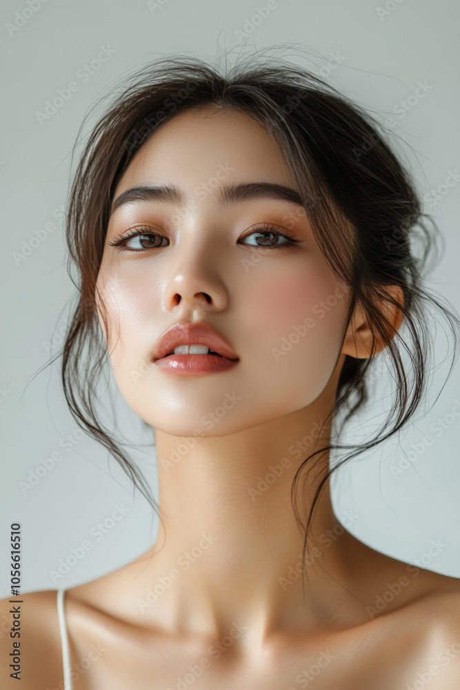 Southeast Asian woman model with slight skin imperfections, such as minor blemishes and uneven tone, standing in clean studio with white background, exuding confidence and grace Southeast Asian woman model with slight skin imperfections, such as minor blemishes and uneven tone, standing in clean studio with white background, exuding confidence and grace