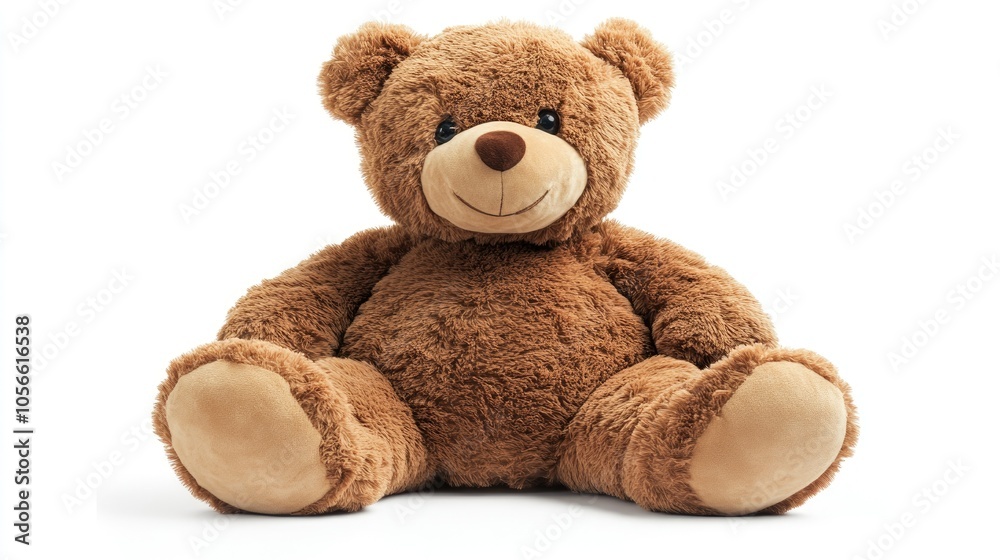 A cheerful large brown teddy bear is positioned on the ground against a white background A cheerful large brown teddy bear is positioned on the ground against a white background