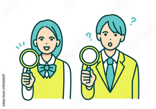 疑問を持つ男の子。何か閃いた女の子。虫眼鏡を持つ学生のベクターイラストセット。