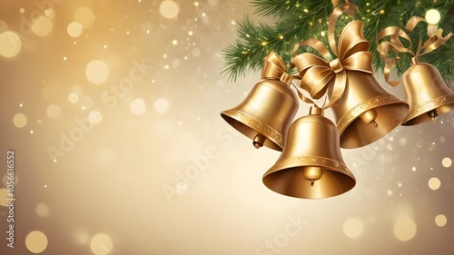 Golden Christmas bells with red ribbon, a festive decoration for the holiday season