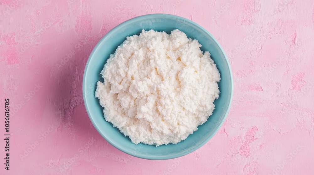 Top view of a blue bowl filled with white dairy product on a pastel pink surface Top view of a blue bowl filled with white dairy product on a pastel pink surface