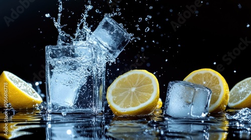 Refreshing water splash with lemon slices and ice cubes ideal for summer beverage ideas and cooling drink concepts