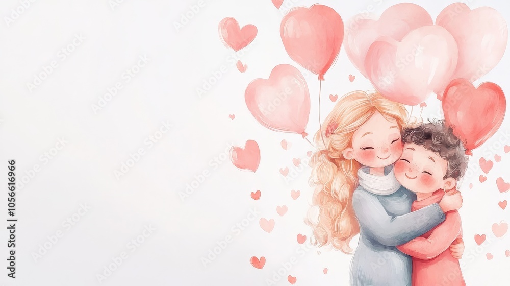 A woman and a man are hugging each other and surrounded by many pink balloons A woman and a man are hugging each other and surrounded by many pink balloons