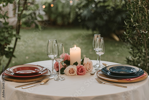 Table set for a romantic vegan dinner with candles and elegant dishes photo