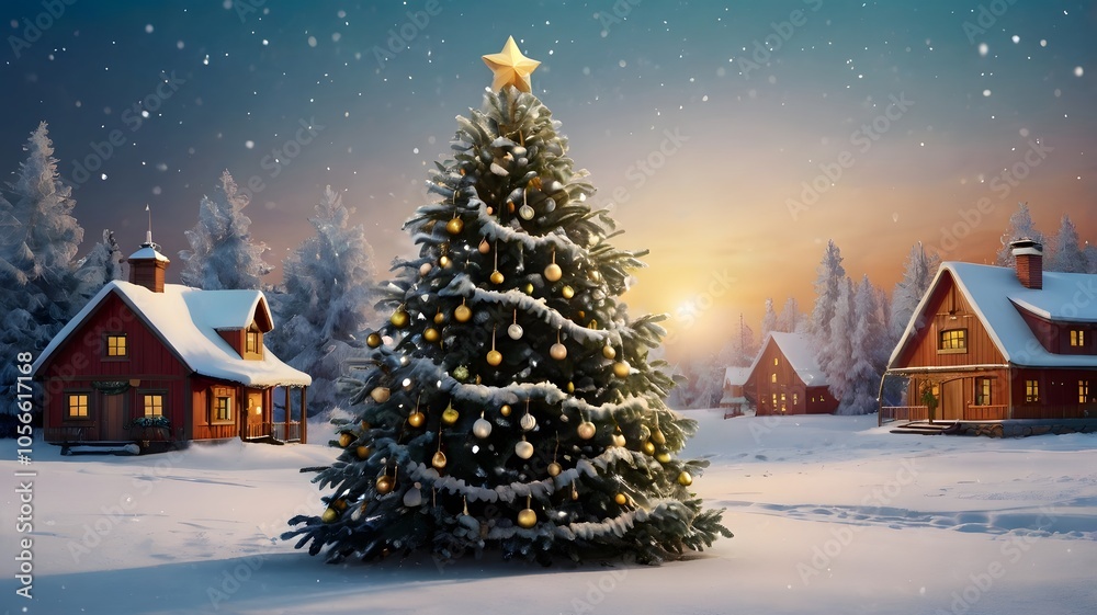 Festive winter landscape with a towering Christmas tree, cozy houses, and starry night sky Festive winter landscape with a towering Christmas tree, cozy houses, and starry night sky