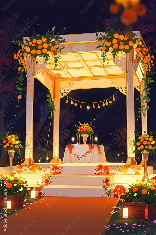 Fototapeta premium Intricately decorated mandap with marigold and rose garlands, representing the sacred wedding space.