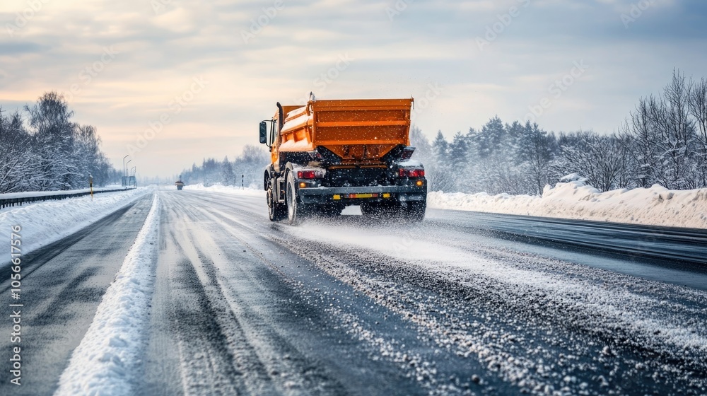 Highway maintenance truck applying salt on a snowy road Snow removal vehicle ensuring safety in winter weather conditions Highway maintenance truck applying salt on a snowy road Snow removal vehicle ensuring safety in winter weather conditions