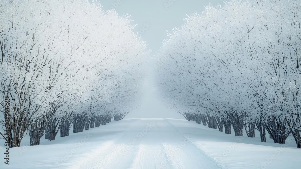 Obraz premium Frosty trees arching over a snowdusted path, pale morning light filtering through the branches, serene and untouched Snowy archway, winter path