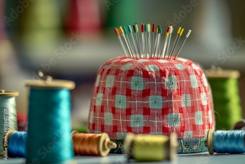 A colorful sewing kit features a vibrant pin cushion surrounded by spools of thread. Perfect for craft lovers and sewing enthusiasts. Showcasing style and creativity. Generative AI photo