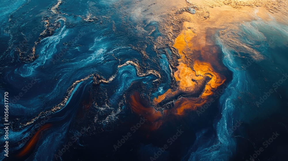 Obraz premium A large oil slick spreads across the ocean surface serving as a somber reminder of the severe environmental harm caused by toxic chemical spills