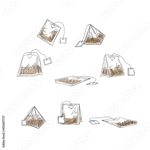 The set includes tea bags in different shapes, each with a blank label. The product is a hand-drawn pyramid and rectangle-shaped tea bag on a white background.