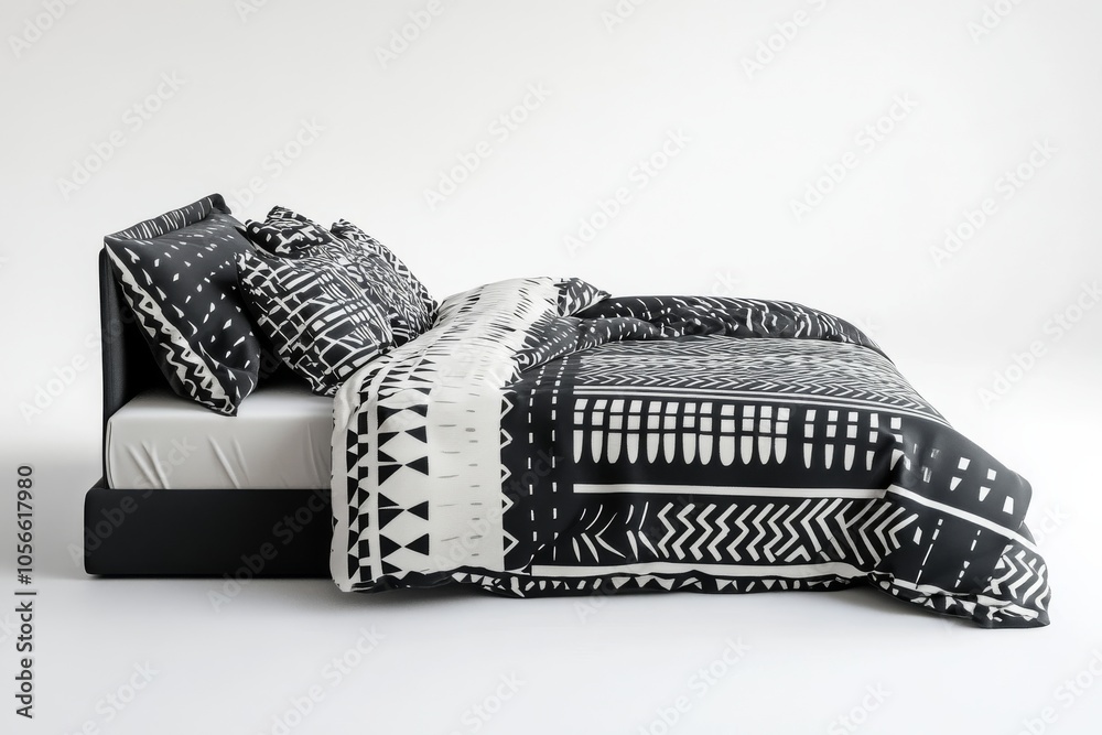 Modern bed with black and white geometric pattern bedding set and matching pillows isolated on white background Modern bed with black and white geometric pattern bedding set and matching pillows isolated on white background