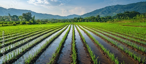 Rows Of Rice Seedlings In The Fields