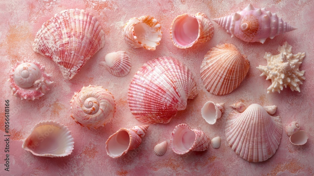 A collection of pink seashells on a textured background A collection of pink seashells on a textured background