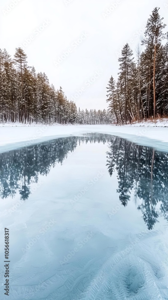 Obraz premium Winter forest scene with a frozen pond, snowcovered trees reflected in the icy surface, creating a mirrorlike effect Frozen pond, winter reflection