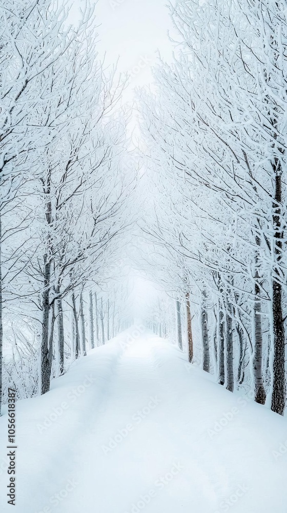 Frostcovered trees framing a gentle snowladen path, atmospheric winter mist settling between the branches Snow path, mystical forest scene Frostcovered trees framing a gentle snowladen path, atmospheric winter mist settling between the branches Snow path, mystical forest scene