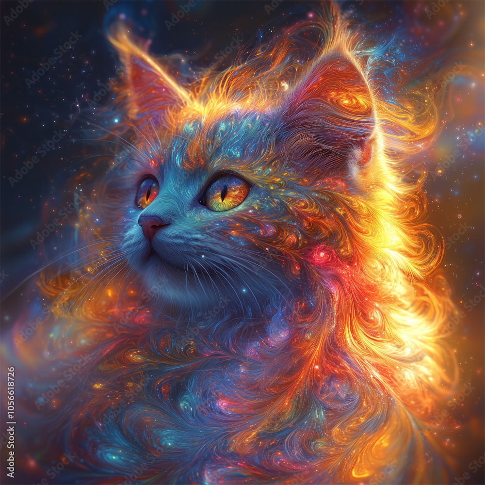 fiery orange cat caught in a galactic breeze, its mane swirling with cosmic energy fiery orange cat caught in a galactic breeze, its mane swirling with cosmic energy