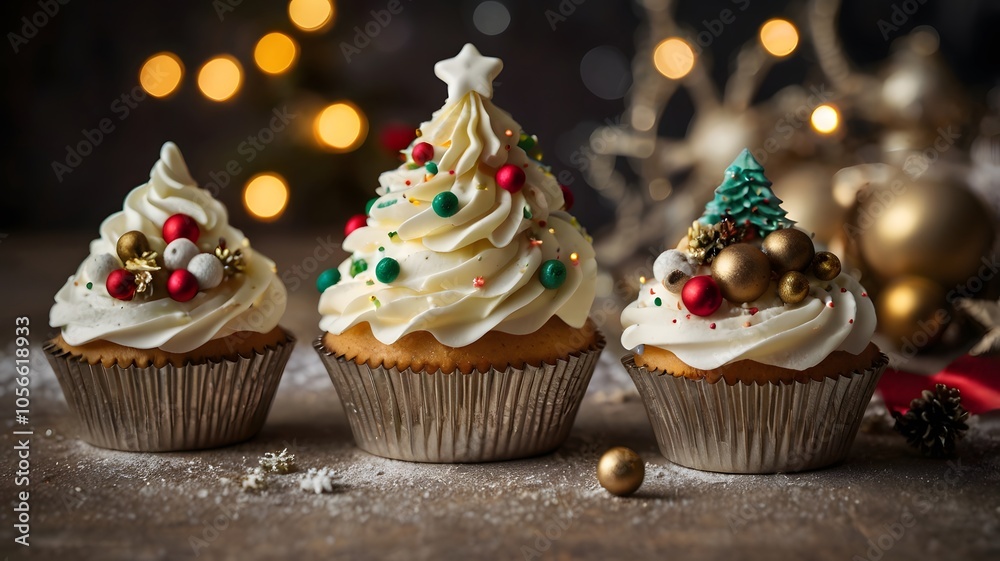 Colorful Christmas cupcakes with sprinkles, frosting, and festive decorations make a sweet holiday treat Colorful Christmas cupcakes with sprinkles, frosting, and festive decorations make a sweet holiday treat