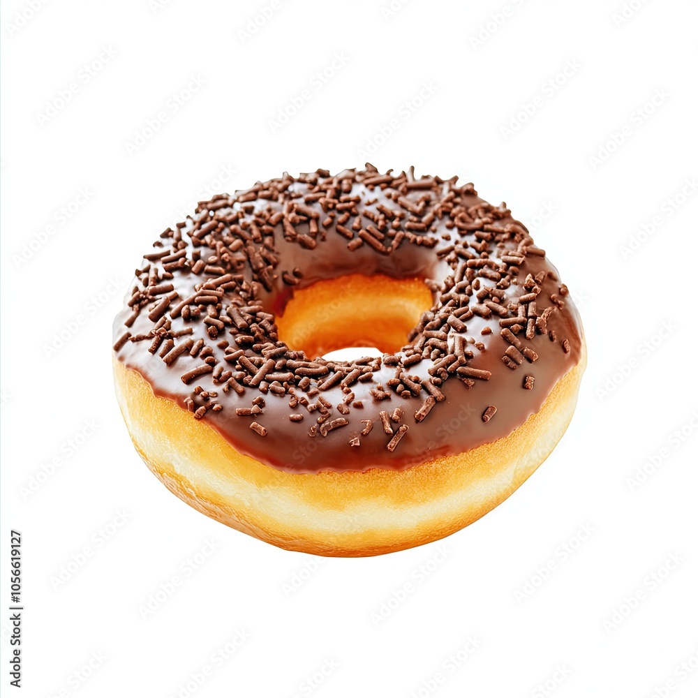 Chocolate Frosted Donut with Sprinkles on White Background