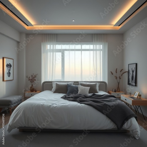 Early in morning in modern and white bedroom with furniture cushions blankets on bed master bedroom 