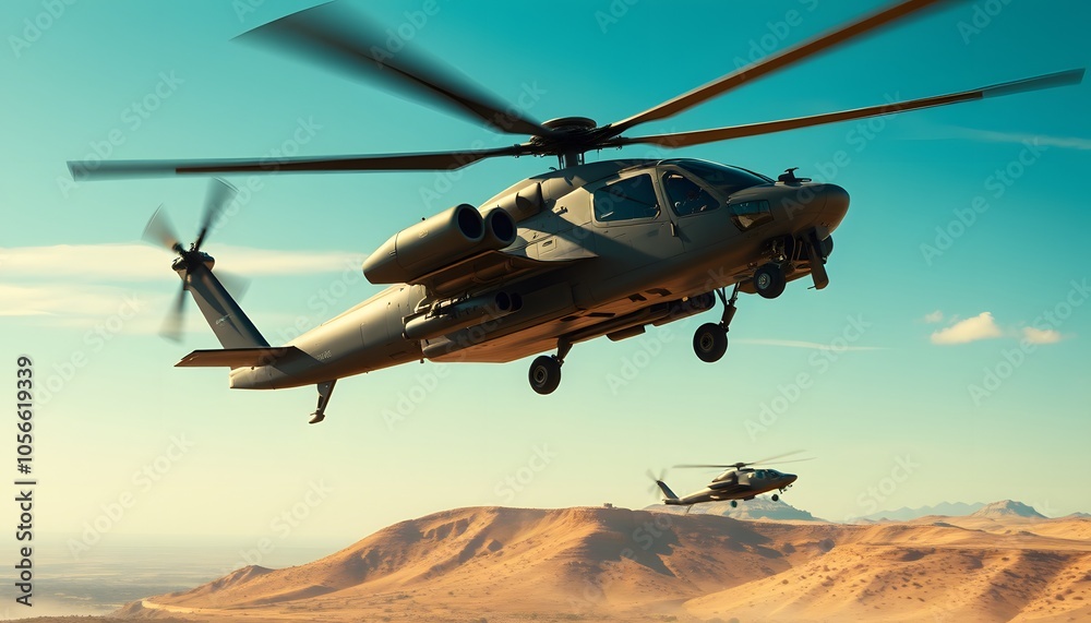 Fototapeta premium Cinematic Photograph of a Heavily Armed War Helicopter Captured in Action, Perfect for Military Theme Projects and Defense Industry Presentations