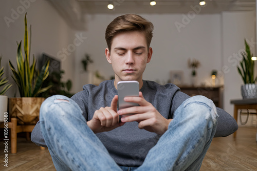 Young individual practicing mindfulness with a meditation app photo