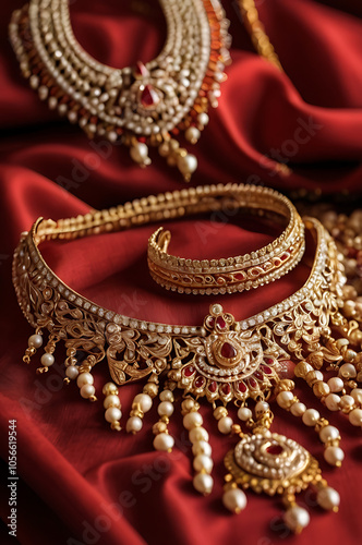 Close-up of traditional Indian wedding jewelry, including gold bangles, necklaces, and earrings, arranged neatly on a vibrant red silk cloth, symbolizing the elegance and richness of Indian weddings.