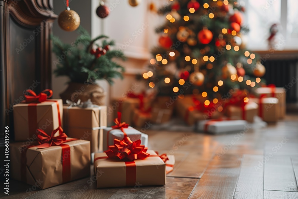 Holiday setup with a Christmas tree and gifts seen from the back, highlighting the festive cheer.
