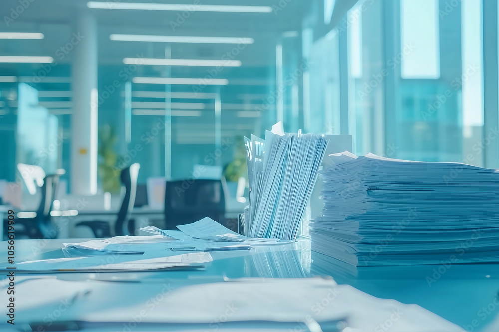 bright office space with stacks of documents and papers on desk, showcasing busy work environment filled with natural light bright office space with stacks of documents and papers on desk, showcasing busy work environment filled with natural light
