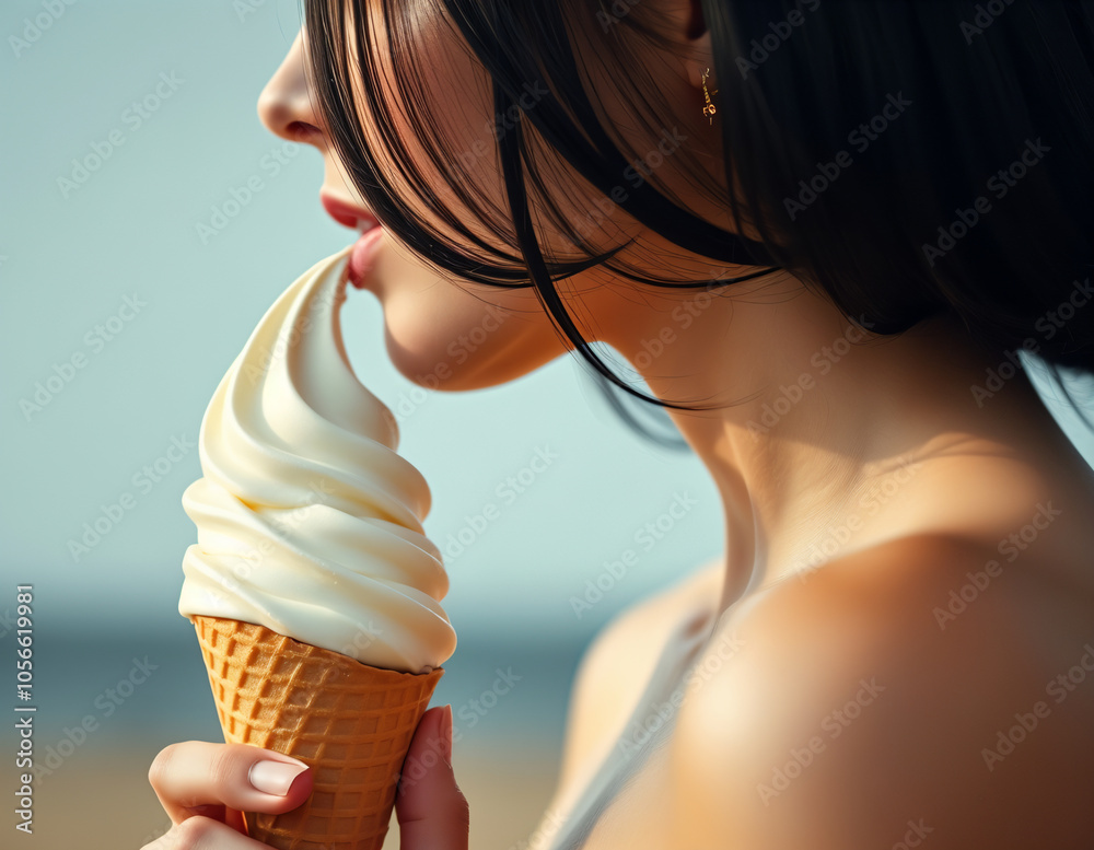 A beautiful young girl on a sunny summer day with an ice cream in her hand on the street A beautiful young girl on a sunny summer day with an ice cream in her hand on the street