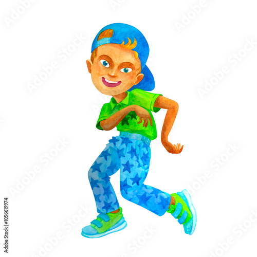 Comical preteen boy in a blue cap dancing merrily, celebrating birthday or other holiday. Party concept. Isolated watercolor hand drawn child character for design of cards, posters, t-shirt