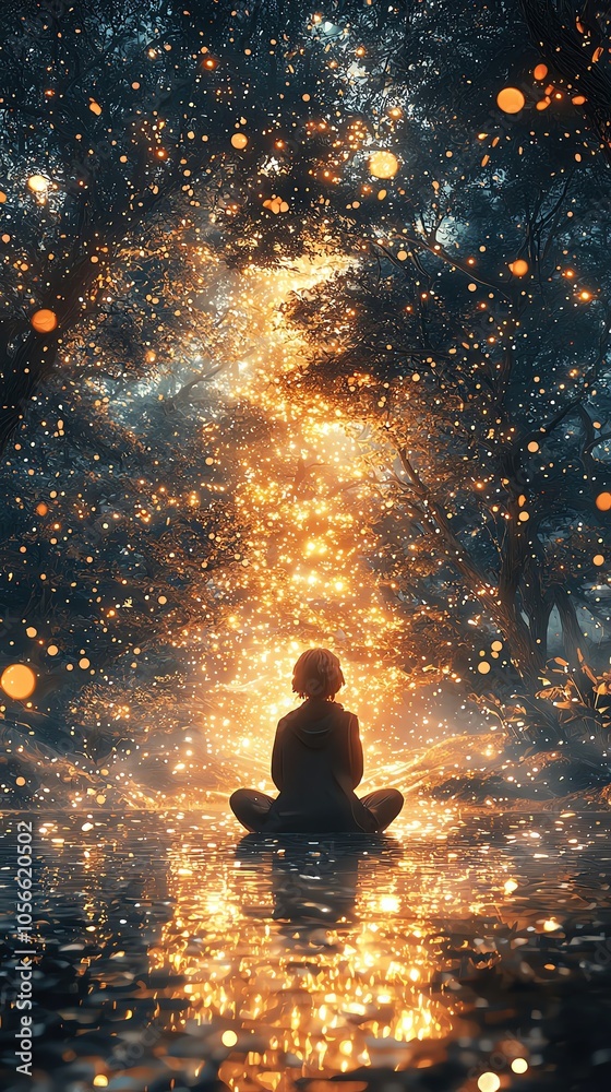 New Year Atmosphere , New Year decoration Meditative figure amidst sparkling lights New Year Atmosphere , New Year decoration Meditative figure amidst sparkling lights