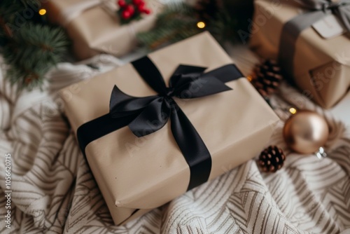 A brown box with a black ribbon tied around it. The box is placed on a blanket