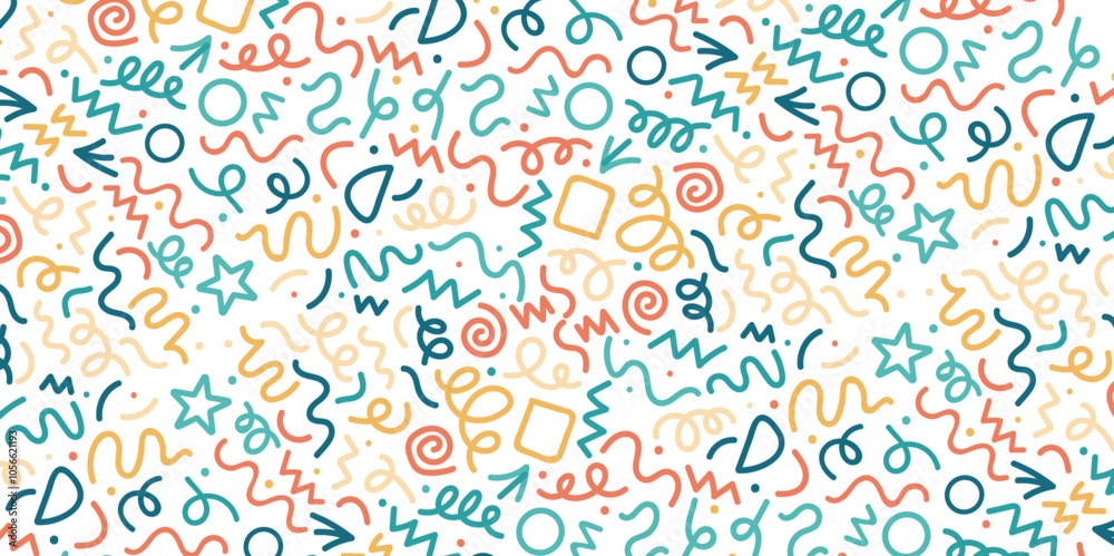 Doodle sketch style of colorful shapes and lines on white background for concept design. seamless pattern creative minimalist style art background. Doodle sketch style of colorful shapes and lines on white background for concept design. seamless pattern creative minimalist style art background.