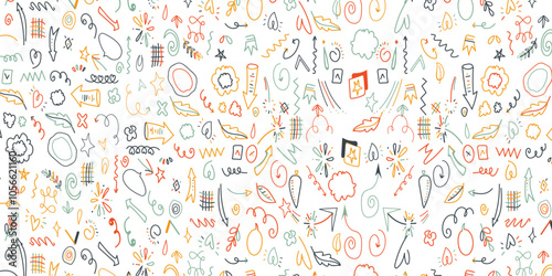 Fun colorful seamless pattern. Creative doodle abstract style art background for kids. Trendy texture design with contemporary basic shapes. 