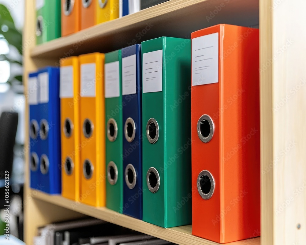 A vibrant collection of file binders organized on a shelf, showcasing various colors like green, blue, orange, and yellow for efficient office organization. A vibrant collection of file binders organized on a shelf, showcasing various colors like green, blue, orange, and yellow for efficient office organization.