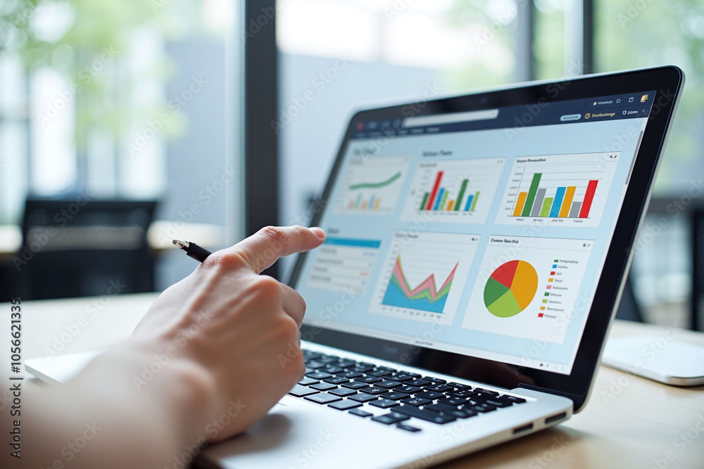 Person using laptop with colorful graph in office, interactive Person using laptop with colorful graph in office, interactive