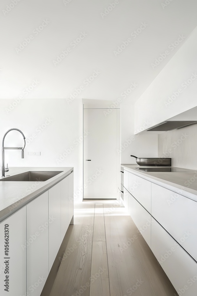 Fototapeta premium A minimalist modern kitchen featuring white cabinets, stainless steel fixtures, and ample natural light, creating a clean and bright atmosphere.
